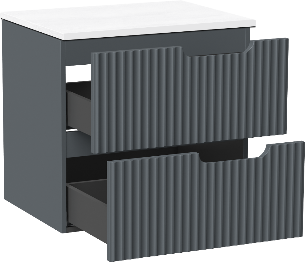 Linie Ribbo zwevend badkamermeubel 60 x 46 cm blauw antraciet met Lado enkel tablet in composietmarmer glanzend wit, Verticale symmetrische ronde ribbel