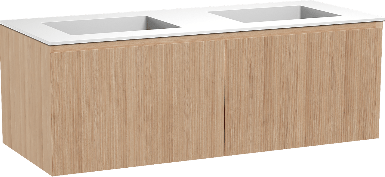 Balmani Fila meuble salle de bains suspendu 135 x 55 cm chêne naturel avec Tablo Stretto double vasque en solid surface blanc mat, Nervure droite symétrique verticale