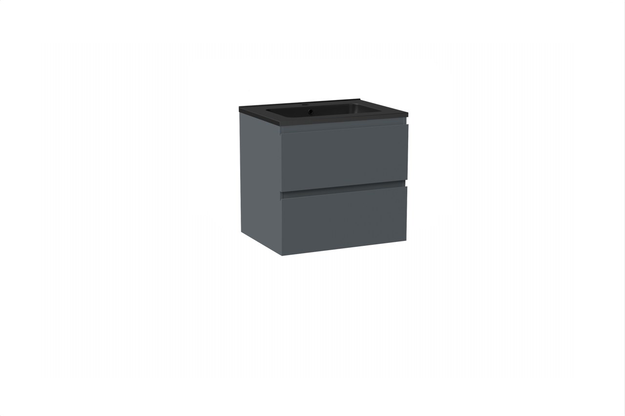 Linie Lado hängendes Möbelstück Set: 60 x 46 cm, Anthrazitblau, mit Vano Einzelwaschtisch, Marmorkomposit Schwarz matt
