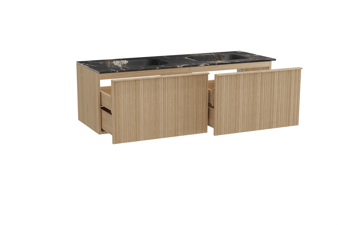 Balmani Forma zwevend badmeubel 150 x 55 cm naturel eiken met Tablo Arcato dubbele wastafel in marmer portoro gold, Verticale asymmetrische ronde ribbel