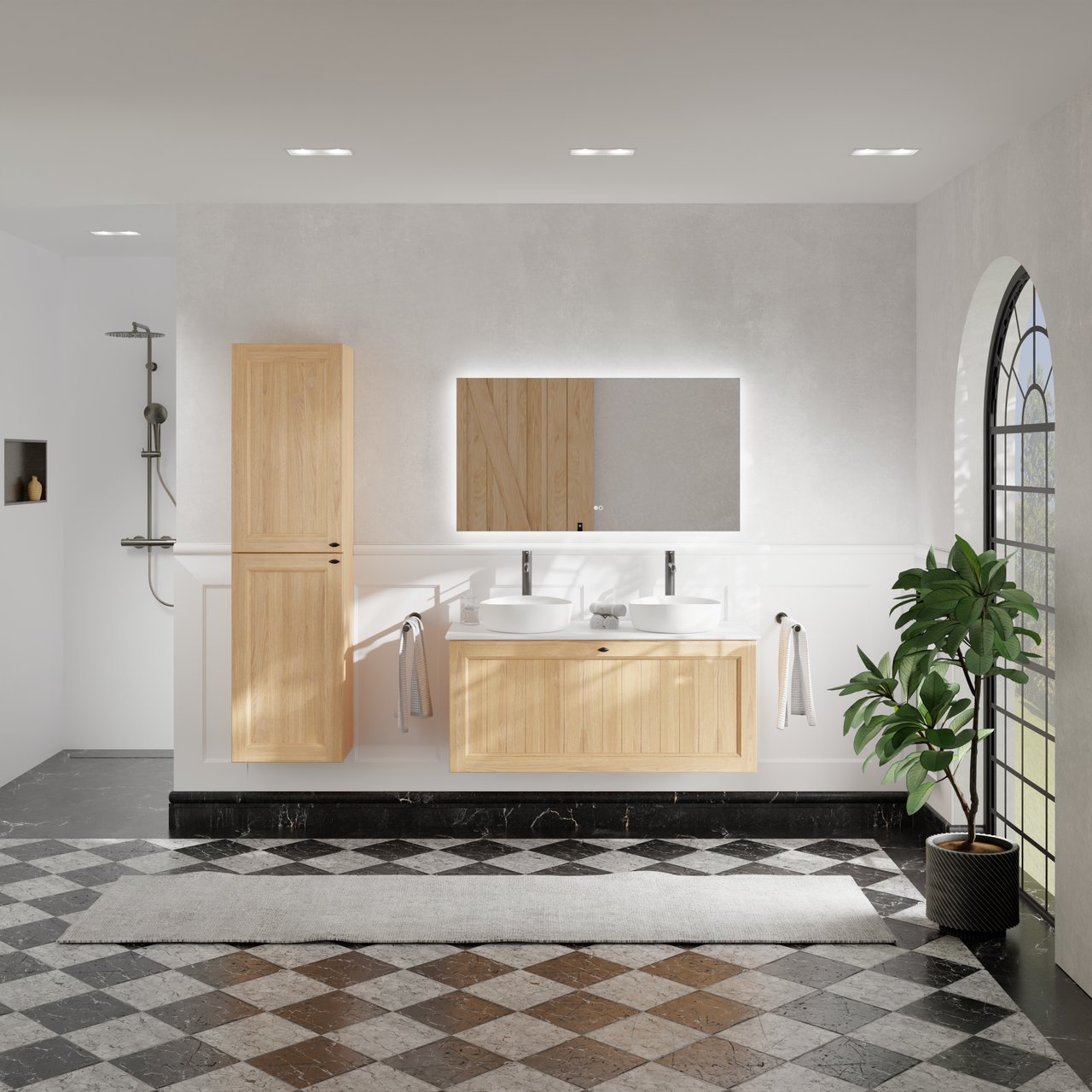 Balmani Lemon meuble salle de bains suspendu 120 x 55 cm, placage chêne naturel avec Facetta tablette double en blanc mat