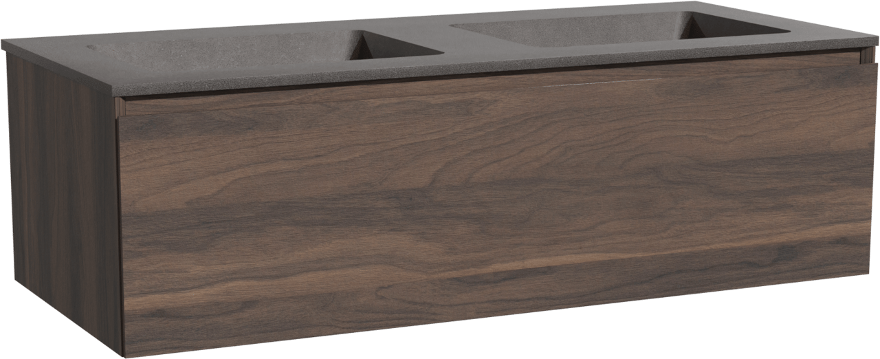 Storke Edge zwevend badmeubel 120 x 52 cm notenhout met Scuro dubbele wastafel in kwarts mat zwart