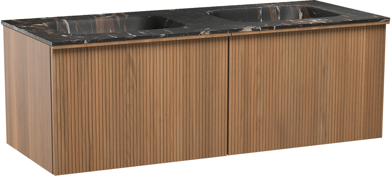 Balmani Forma zwevend badkamermeubel 135 x 55 cm teak met Tablo Arcato dubbele wastafel in marmer portoro gold, Verticale symmetrische rechte ribbel