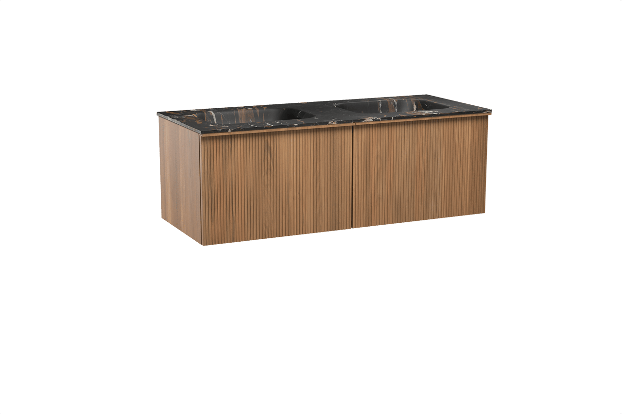 Balmani Forma zwevend badkamermeubel 135 x 55 cm teak met Tablo Arcato dubbele wastafel in marmer portoro gold, Verticale symmetrische rechte ribbel