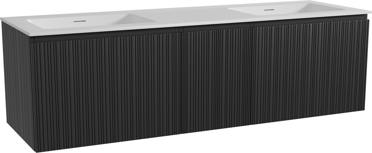Storke Ribs meuble salle de bains suspendu 165 x 52 cm chêne noir avec Mata double vasque en solid surface blanc mat, Nervure droite asymétrique verticale
