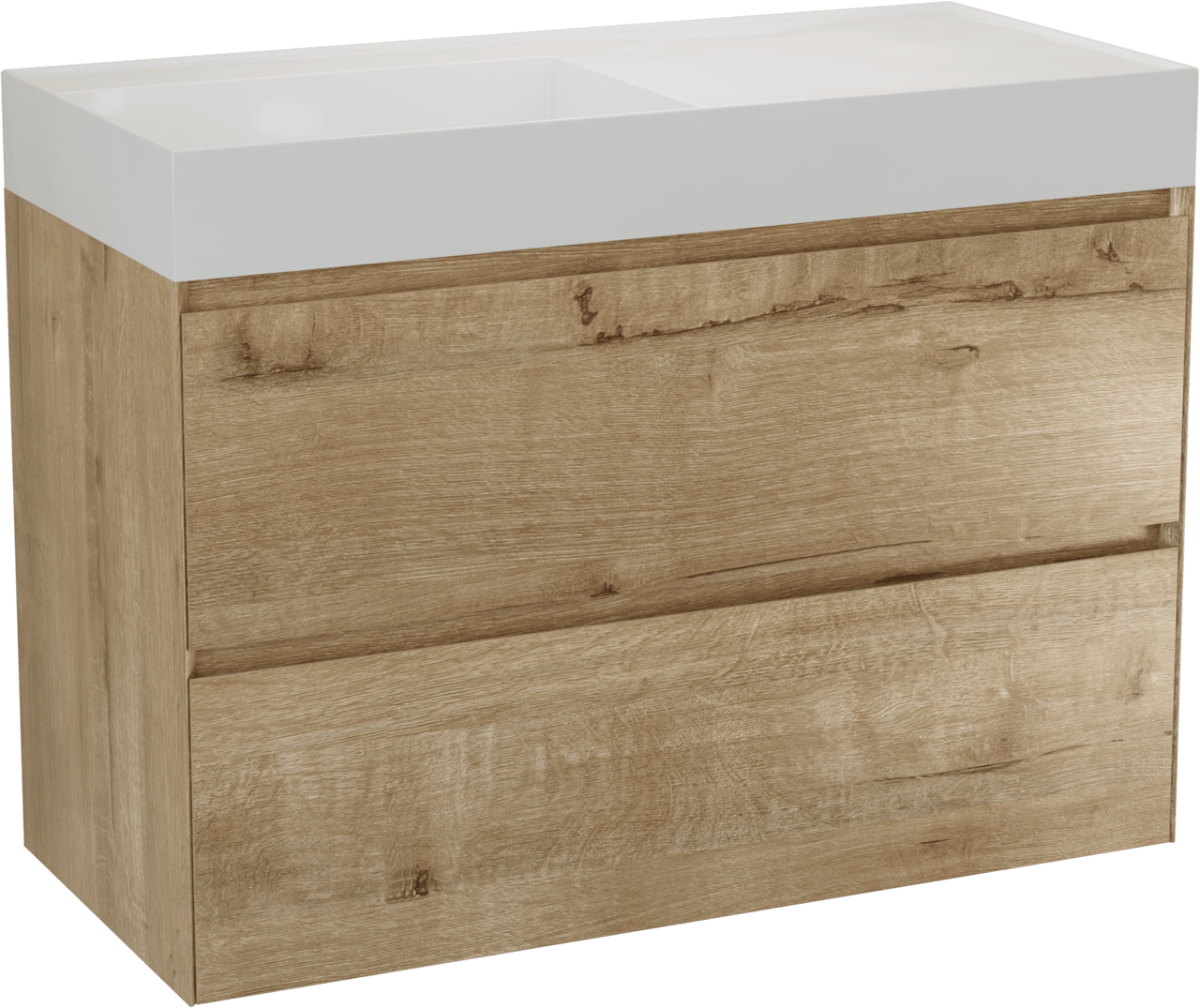 Balmani Mitra Compact hängendes Möbelstück Set: 100 x 46 cm, Eiche Rau, mit Argila Waschtisch links Marmorkomposit Weiβ glänzend