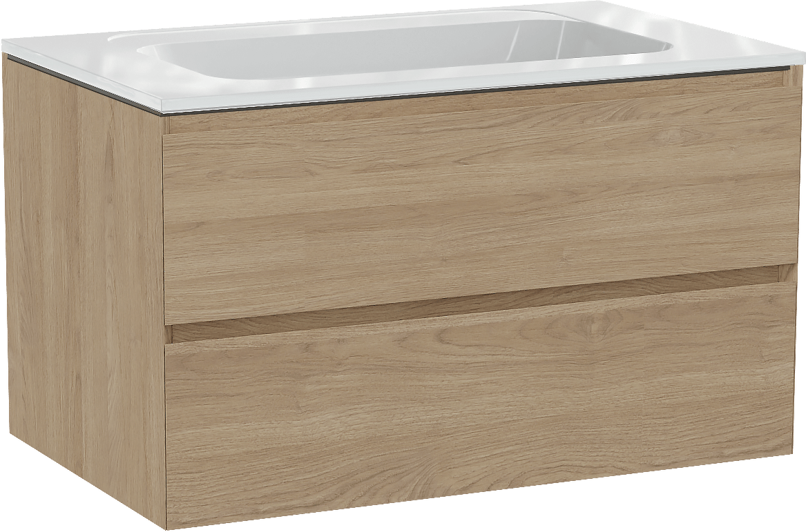 Balmani Mitra zwevend badkamermeubel 90 x 55 cm natuur eik met Tablo Strada enkele wastafel in composietmarmer glanzend wit