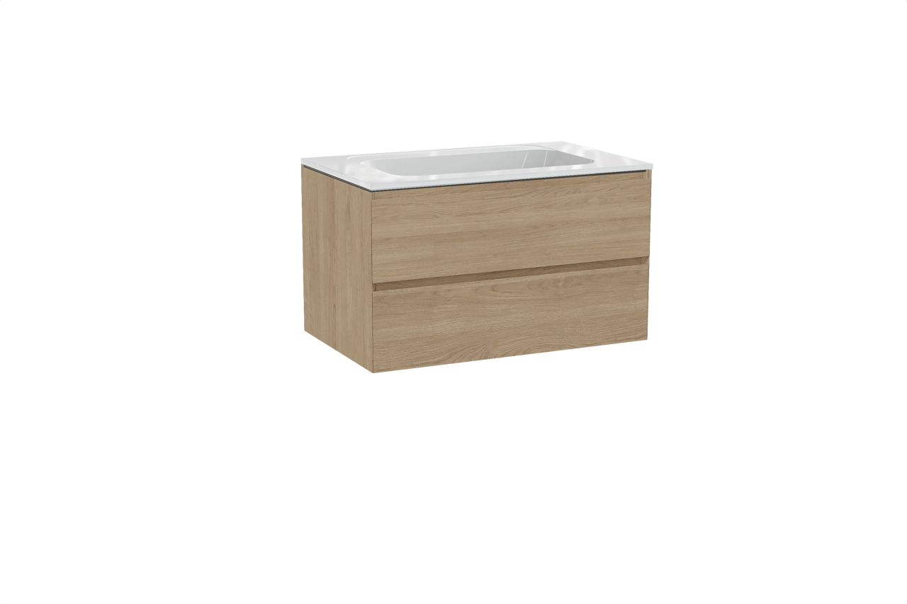 Balmani Mitra hängendes Möbelstück Set: 90 x 55 cm, Naturbelassene Eiche, mit Tablo Strada Einzelwaschtisch, Marmorkomposit Weiß glänzend