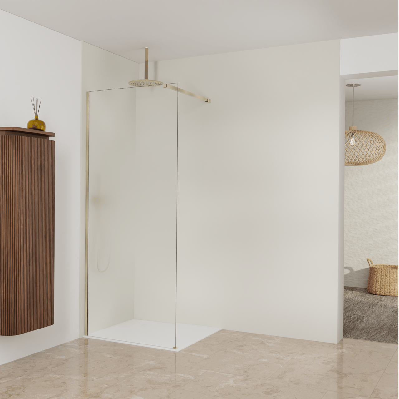 Balmani Modular Walk-In Dusche: 90 x 200 cm, Permafrost, inklusive Coating, Profil Brushed Champagne Gold