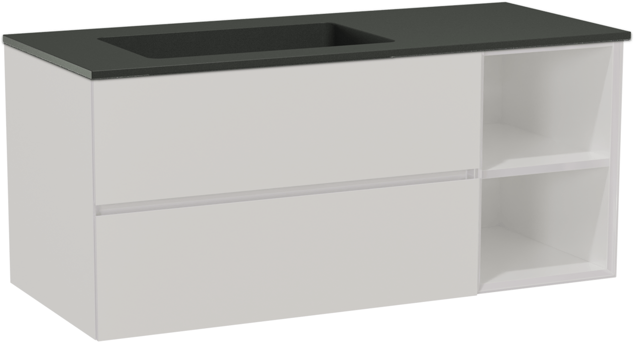 Storke Edge zwevend badmeubel 120 x 52 cm hoogglans wit met Scuro asymmetrisch linkse wastafel in kwarts mat zwart
