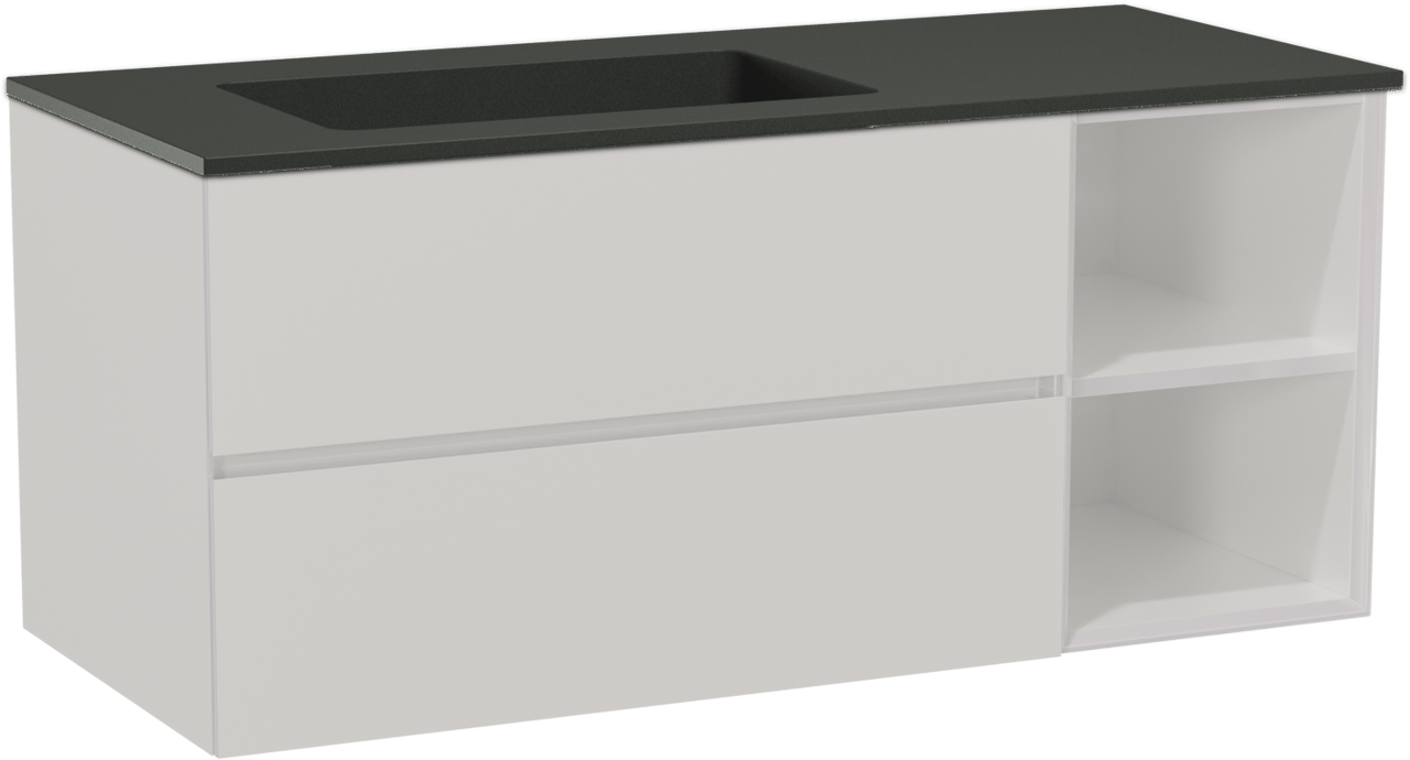 Storke Edge meuble salle de bains suspendu 120 x 52 cm blanc brillant avec Scuro plan vasque asymétrique à gauche en quartz noir mat