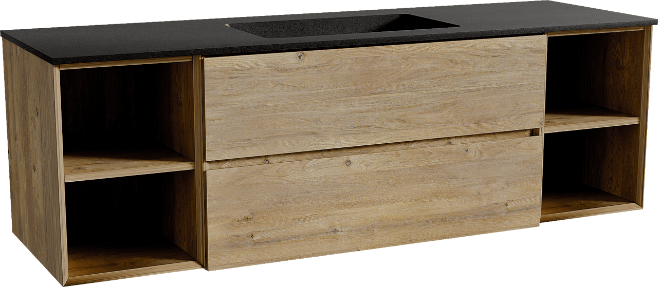Storke Edge zwevend badmeubel 165 x 52 cm ruw eiken met Scuro enkele wastafel in kwarts mat zwart