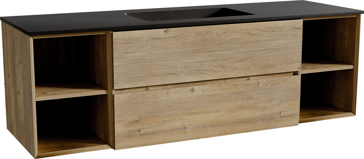 Storke Edge zwevend badmeubel 165 x 52 cm ruw eiken met Scuro enkele wastafel in kwarts mat zwart