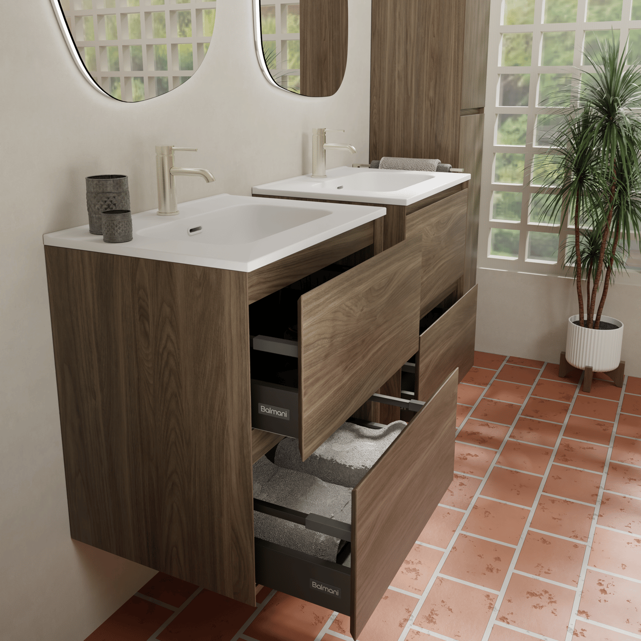 Balmani Mitra Compact hängendes Möbelstück Set: 60 x 46 cm, Amerikanischer Nussbaum, mit Nostra Einzelwaschtisch Keramik Weiβ matt