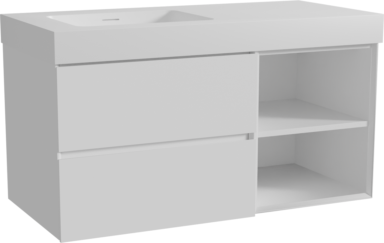 Storke Edge hängendes Möbelstück Set: 110 x 52 cm, Weiß matt, mit Mata High Waschtisch links, Solid Surface Weiß matt