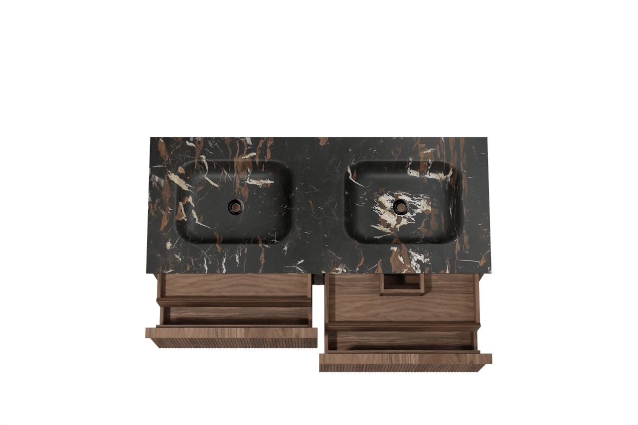 Balmani Forma zwevend badkamermeubel 135 x 55 cm amerikaanse notelaar met Tablo Arcato dubbele wastafel in marmer portoro gold, Verticale symmetrische rechte ribbel