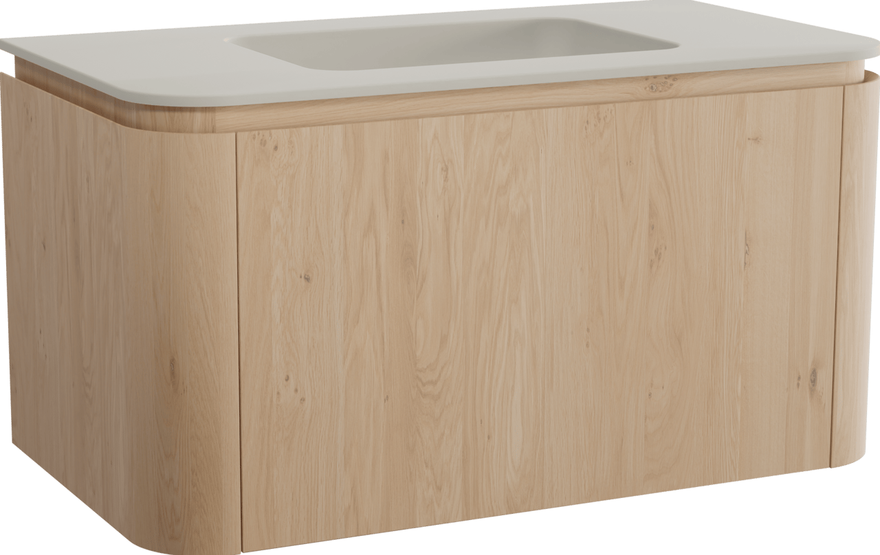 Balmani Moon hängendes Möbelstück Set: 100 x 55 cm, Naturbelassene Eiche, mit Moon Einzelwaschtisch, Top Solid Seidengrau