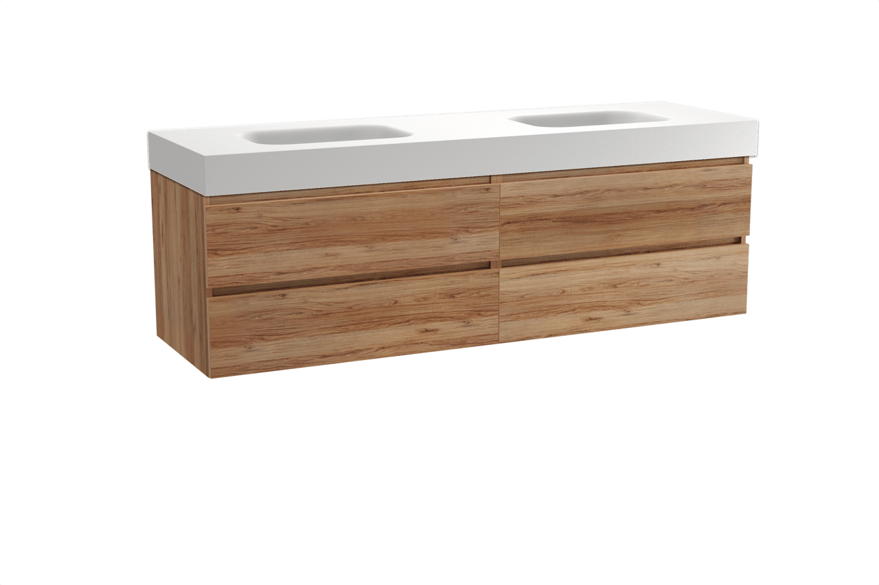 Balmani Lucida hängendes Möbelstück Set: 180 x 55 cm, Teak, mit Arcato Doppelwaschtisch, Solid Surface Weiß matt