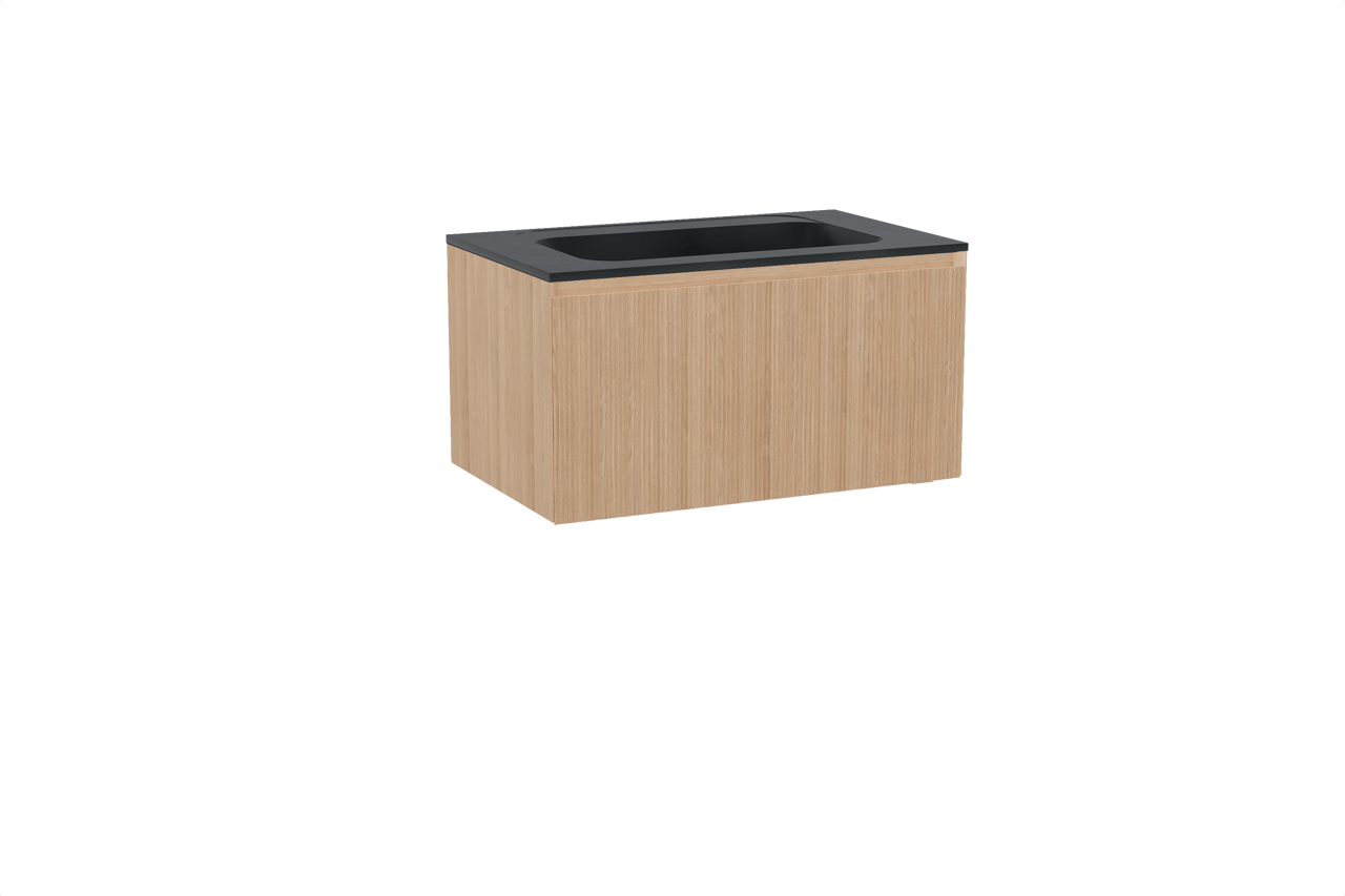 Balmani Fila meuble salle de bains suspendu 90 x 55 cm chêne naturel avec Tablo Strada plan simple en marbre composite noir mat, Nervure droite symétrique verticale