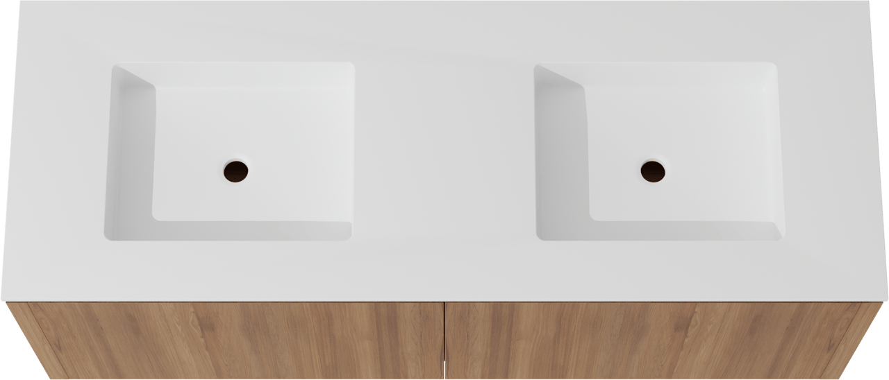 Balmani Eclips meuble salle de bains suspendu 150 x 55 cm Teck avec Tablo Stretto double vasque en Solid Surface blanc mat