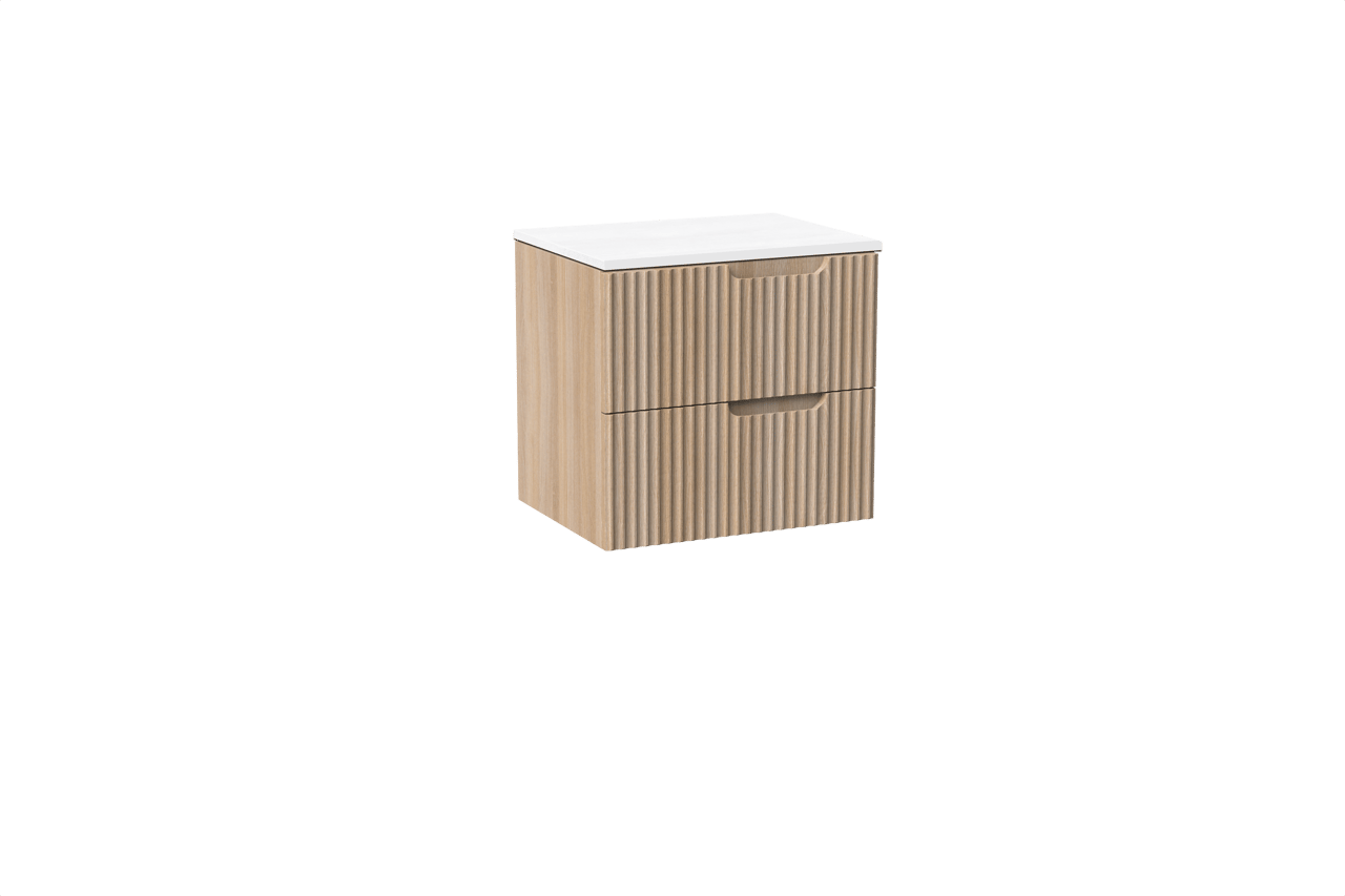 Linie Ribbo meuble salle de bains suspendu 60 x 46 cm chêne clair avec Lado tablette simple en marbre composite blanc brillant, Nervure circulaire symétrique verticale