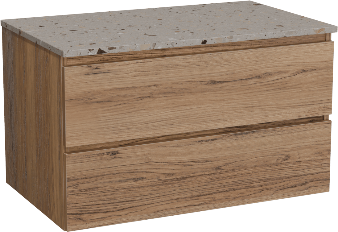 Balmani Lucida hängendes Möbelstück Set: 90 x 55 cm, Teak, mit Stretto Einzel Waschtischplatte, Terrazzo in Greige