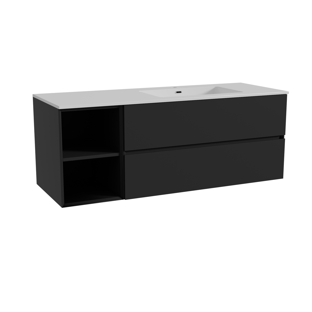 Storke Edge zwevend badmeubel 140 x 52 cm mat zwart met Diva asymmetrisch rechtse wastafel in composietmarmer hoogglans wit