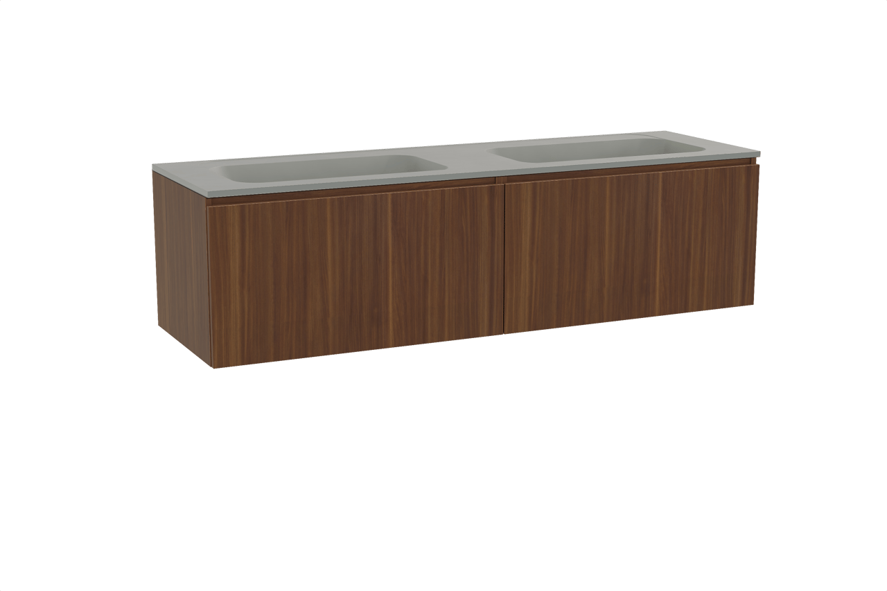 Balmani Sfera hängendes Möbelstück Set: 180 x 55 cm, Amerikanischer Nussbaum, mit Tablo Strada Doppelwaschtisch, Marmorkomposit Seidengrau