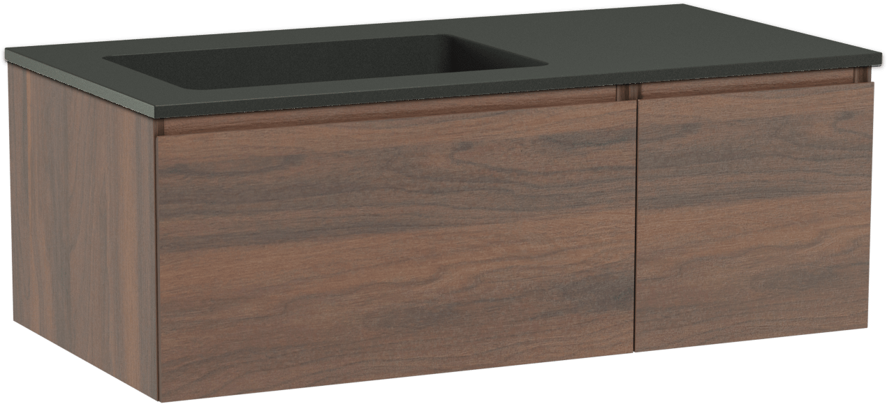 Storke Edge zwevend badkamermeubel 100 x 52 cm notelaar met Scuro asymmetrisch linkse wastafel in kwarts mat zwart