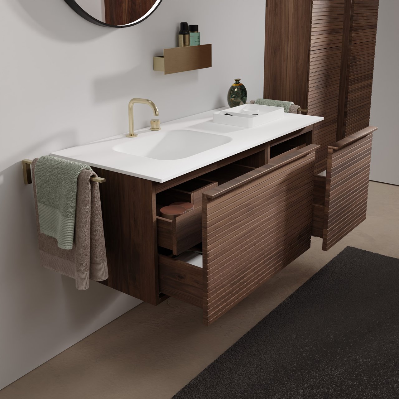 Balmani Forma hängendes Möbelstück Set: 120 x 55 cm, Amerikanischer Nussbaum, mit Tablo Arcato Waschtisch links, Solid Surface, Weiß matt, Horizontale symmetrische gerade Rippe