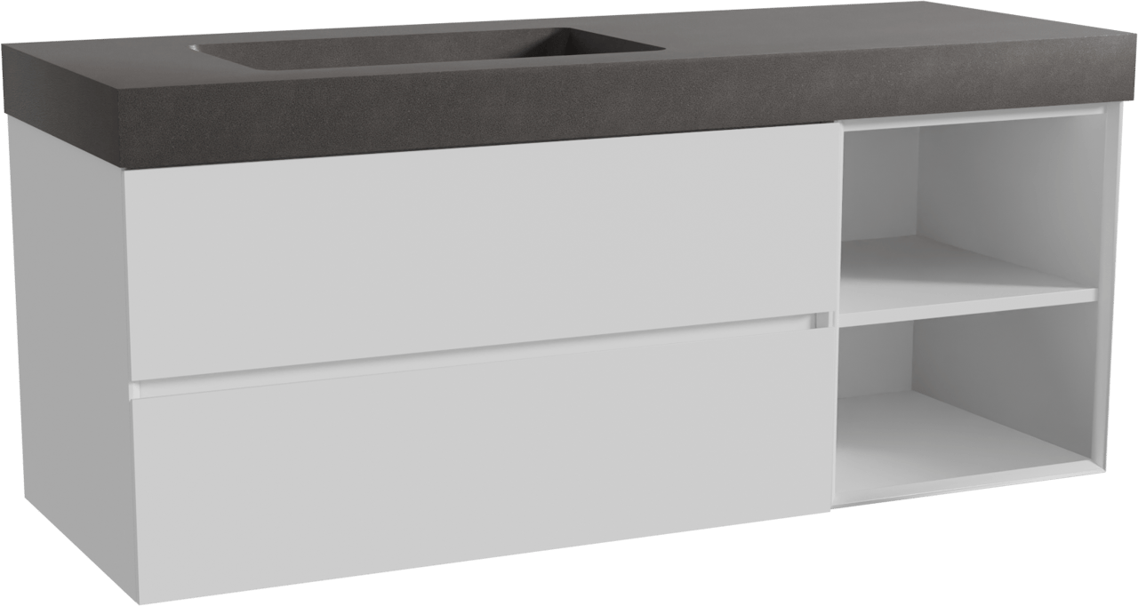 Storke Edge zwevend badmeubel 140 x 52 cm mat wit met Scuro High asymmetrisch linkse wastafel in kwarts mat zwart