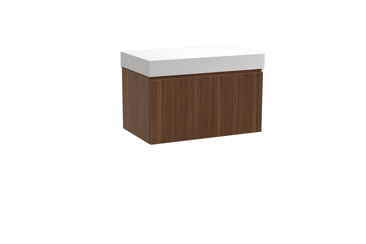 Balmani Sfera hängendes Möbelstück Set: 90 x 55 cm, Amerikanischer Nussbaum, mit Dominus Einzel Waschtischplatte, Solid Surface Weiß matt