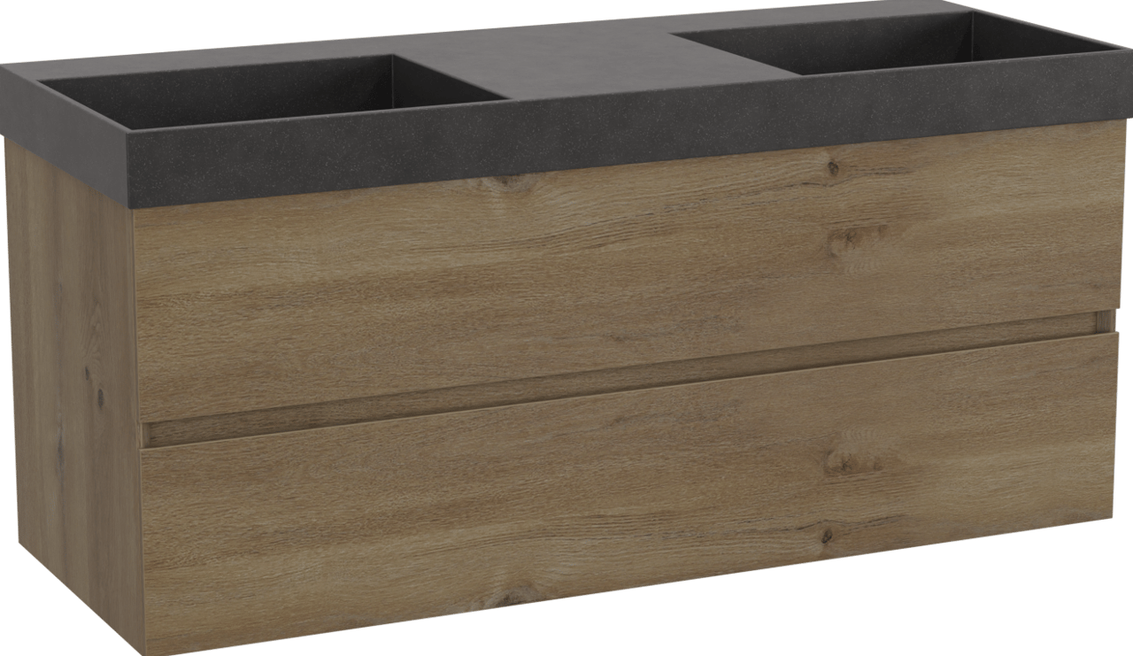 Storke Edge meuble salle de bains suspendu 120 x 46 cm chêne brut avec Jura double vasque en quartz noir mat