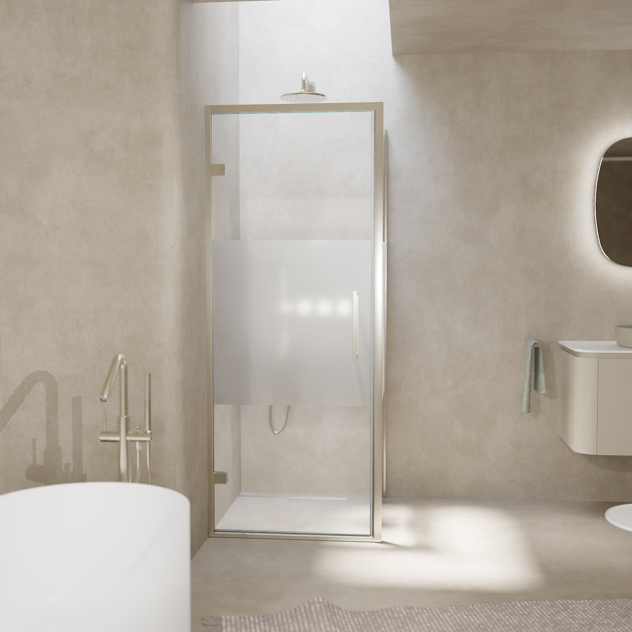 Balmani Senses Design douchecabine met linkse draaideur en vaste zijwand, 90 x 90 cm, Helder glas met matte strook, Brushed CoolMetal profielen