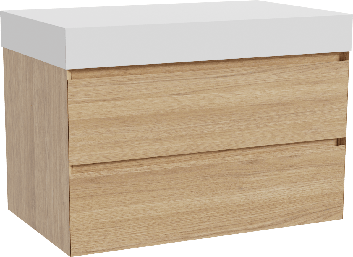 Balmani Mitra meuble salle de bains suspendu 90 x 55 cm chêne naturel avec Dominus tablette simple en solid surface blanc mat