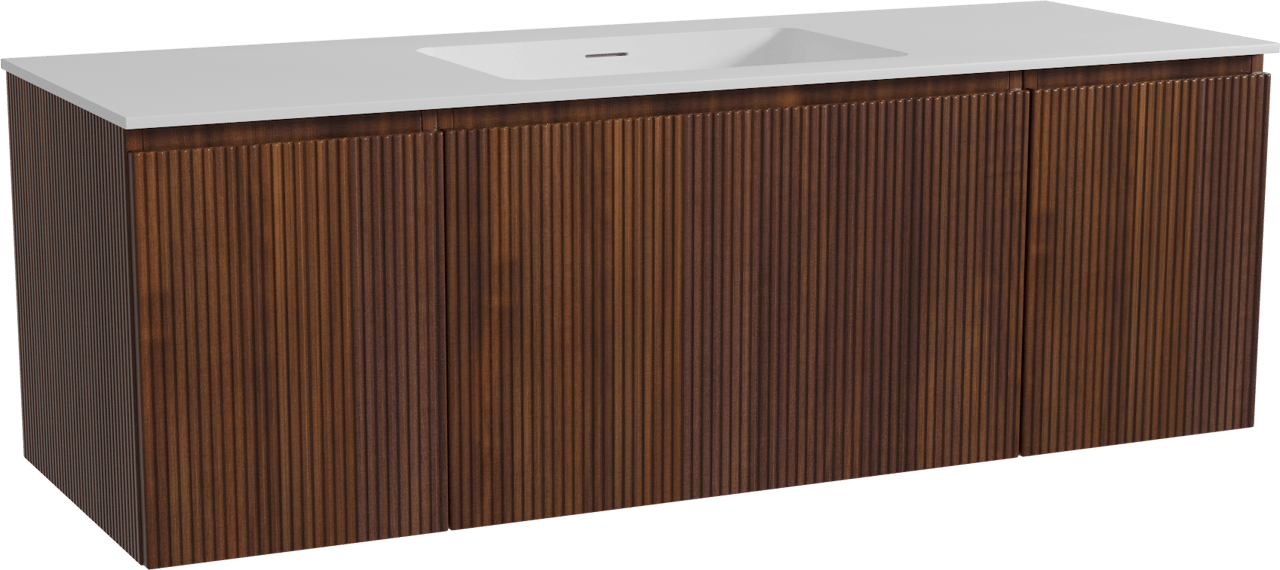 Storke Ribs zwevend badmeubel 145 x 52 cm notenhout met Mata enkele wastafel in solid surface mat wit, Verticale symmetrische rechte ribbel