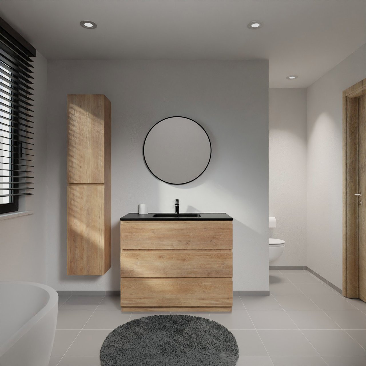 Linie Lado freistehendes Möbelstück Set: 100 x 46 cm, Naturbelassene Eiche, mit Vano Einzelwaschtisch, Marmorkomposit Schwarz matt