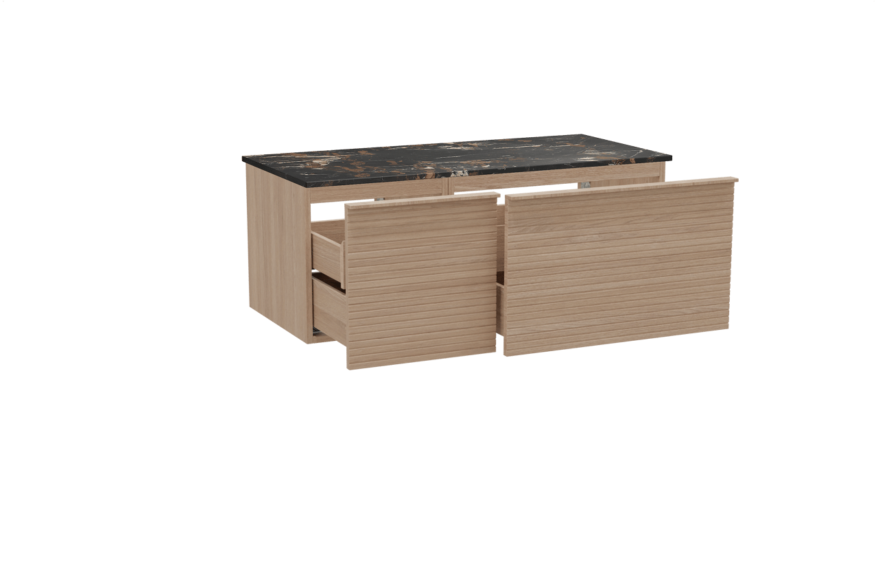 Balmani Forma zwevend badkamermeubel 120 x 55 cm natuur eik met Stretto enkel tablet in marmer portoro gold, Horizontale symmetrische rechte ribbel