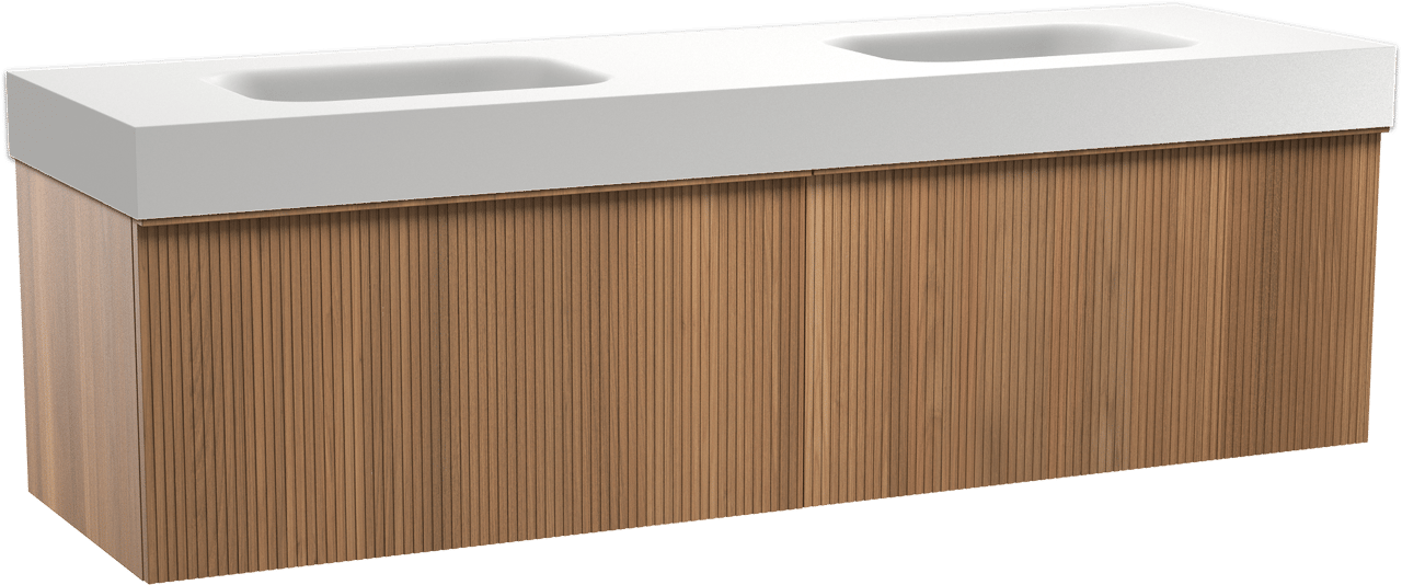 Balmani Forma meuble salle de bains suspendu 180 x 55 cm teck avec Arcato double vasque en solid surface blanc mat, Nervure droite symétrique verticale