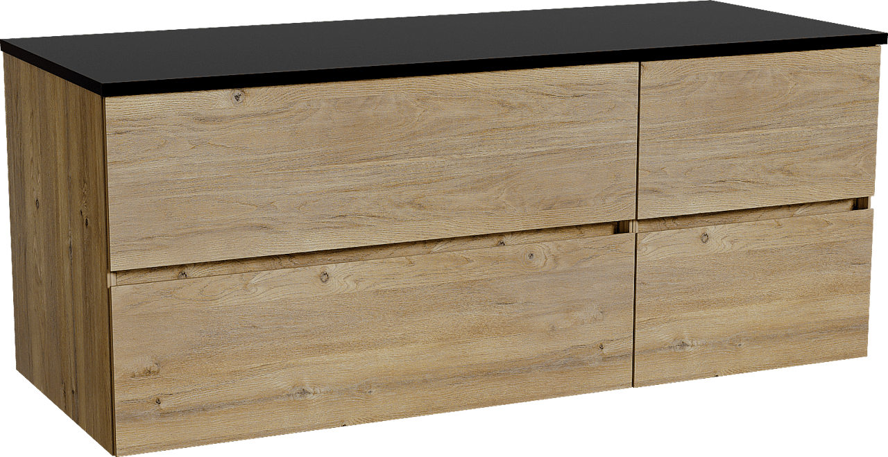 Storke Edge zwevend badkamermeubel 130 x 52 cm ruwe eik met Panton enkel of dubbel tablet in gepoedercoate mdf mat zwart