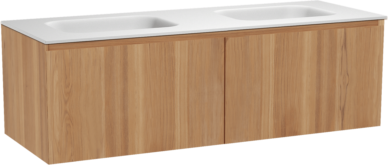 Balmani Idra meuble salle de bains suspendu 150 x 55 cm teck avec Tablo Arcato double vasque en solid surface blanc mat