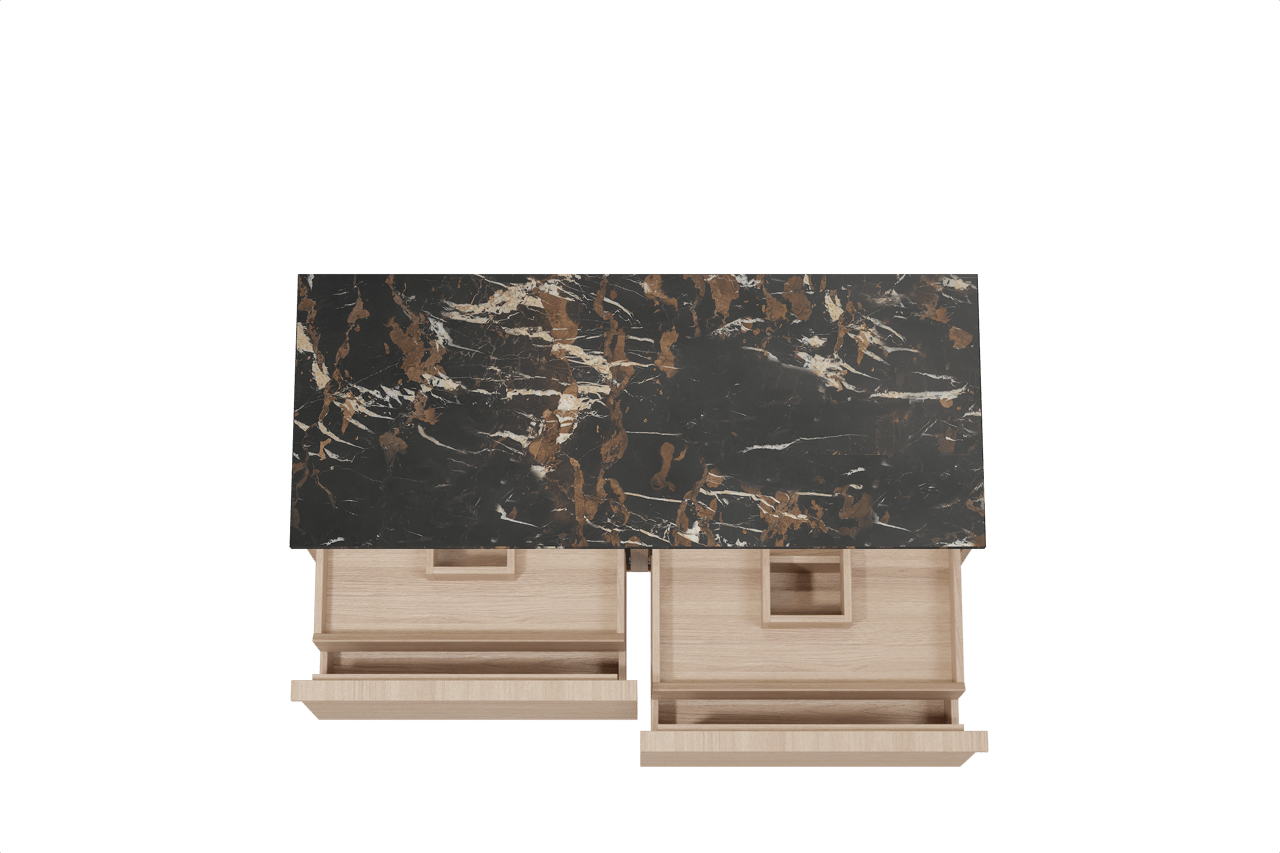 Balmani Forma hängendes Möbelstück Set: 135 x 55 cm, Naturbelassene Eiche, mit Stretto Einzel- oder Doppel Waschtischplatte, Marmor, Portoro Gold, Horizontale symmetrische gerade Rippe