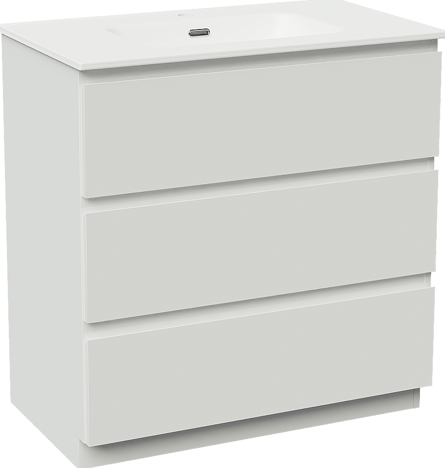 Linie Lado freistehendes Möbelstück Set: 80 x 46 cm, Weiß glänzend, mit Baro Einzelwaschtisch, Porzellan Weiß matt