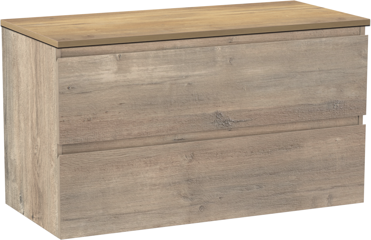 Linie Lado zwevend badmeubel 100 x 46 cm grijs eiken met Lado enkel of dubbel wastafelblad in melamine naturel eiken