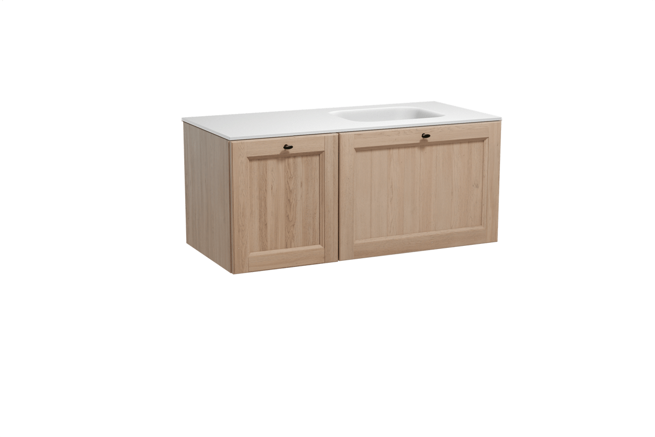 Balmani Lemon zwevend badmeubel 120 x 55 cm verweerd eiken met Tablo Arcato asymmetrisch rechtse wastafel in solid surface mat wit