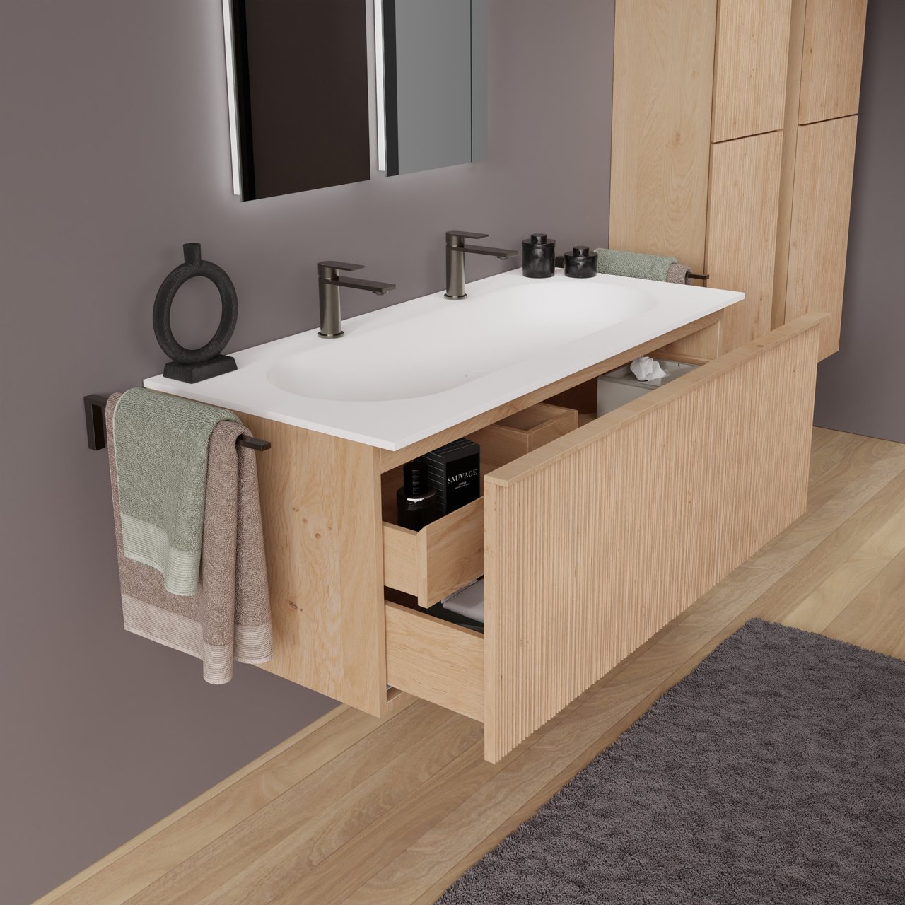 Balmani Forma zwevend badkamermeubel 120 x 55 cm natuur eik met Tablo Oval enkele wastafel voor 2 kraangaten in solid surface mat wit, Verticale asymmetrische ronde ribbel