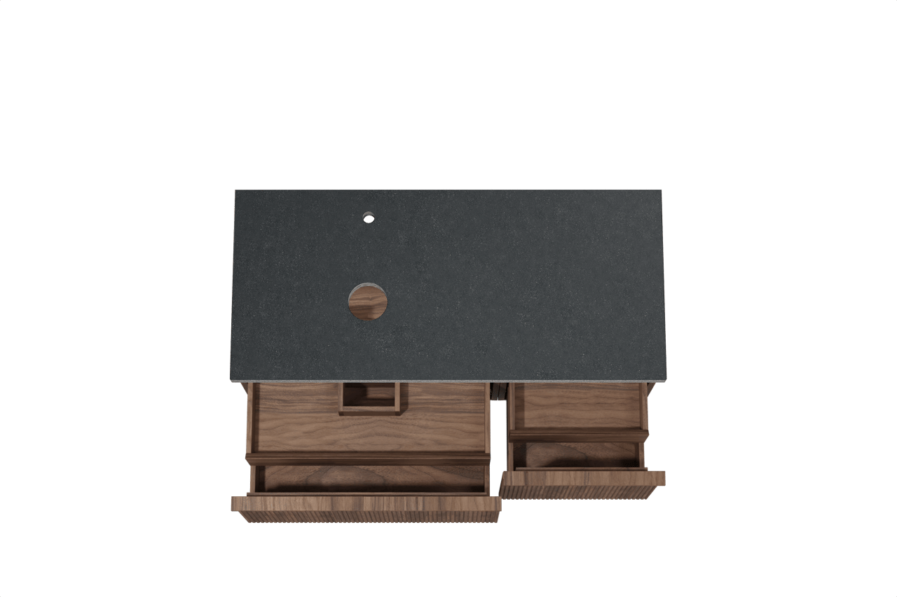 Balmani Forma hängendes Möbelstück Set: 120 x 55 cm, Amerikanischer Nussbaum, mit Rock Waschtisch links, Granit, Schwarzes Granit, Vertikale symmetrische gerade Rippe