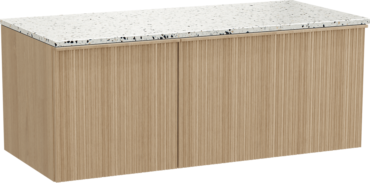 Balmani Forma meuble salle de bains suspendu 120 x 55 cm chêne naturel avec Stretto tablette simple ou double en blanc/noir mat terrazzo, Nervure circulaire asymétrique verticale