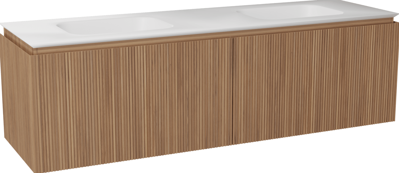 Balmani Eclips meuble salle de bains suspendu 180 x 55 cm Teck avec Eclips double vasque en Solid Surface blanc mat, Nervure droite symétrique verticale