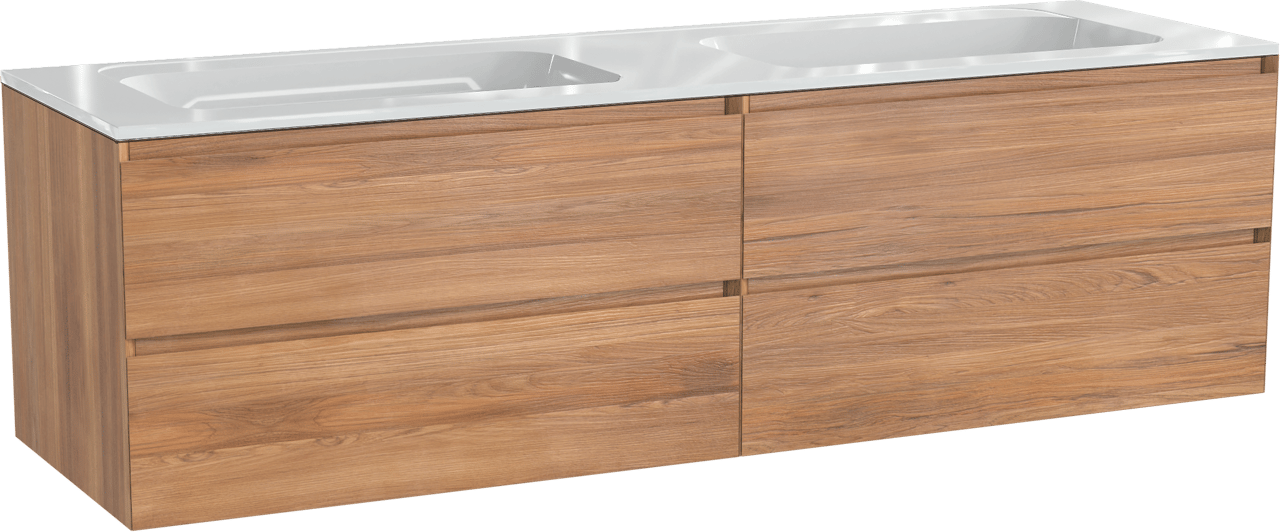 Balmani Mitra meuble salle de bains suspendu 180 x 55 cm teck avec Tablo Strada double vasque en marbre composite blanc brillant